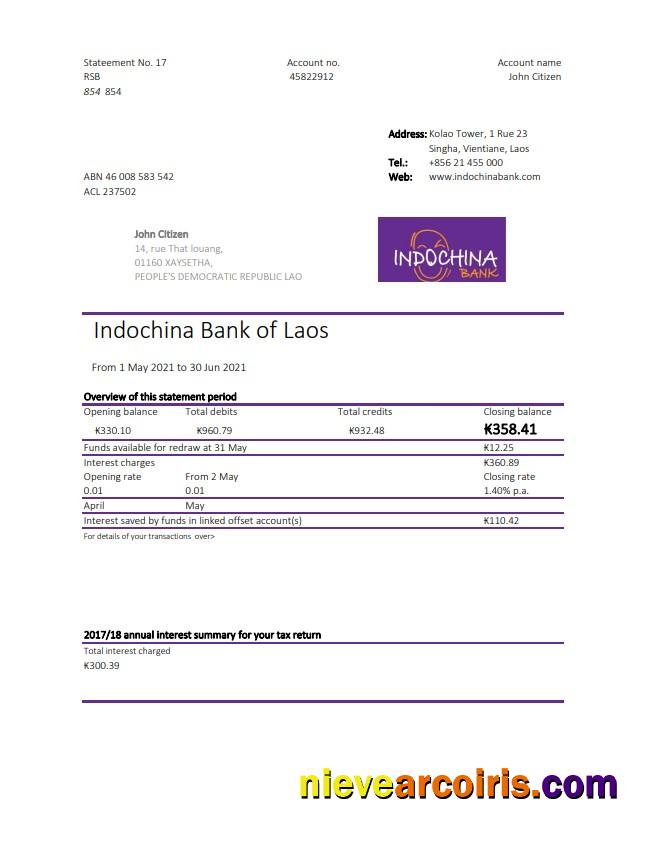 Laos Indochina Bank statement easy to fill in Excel and PDF format